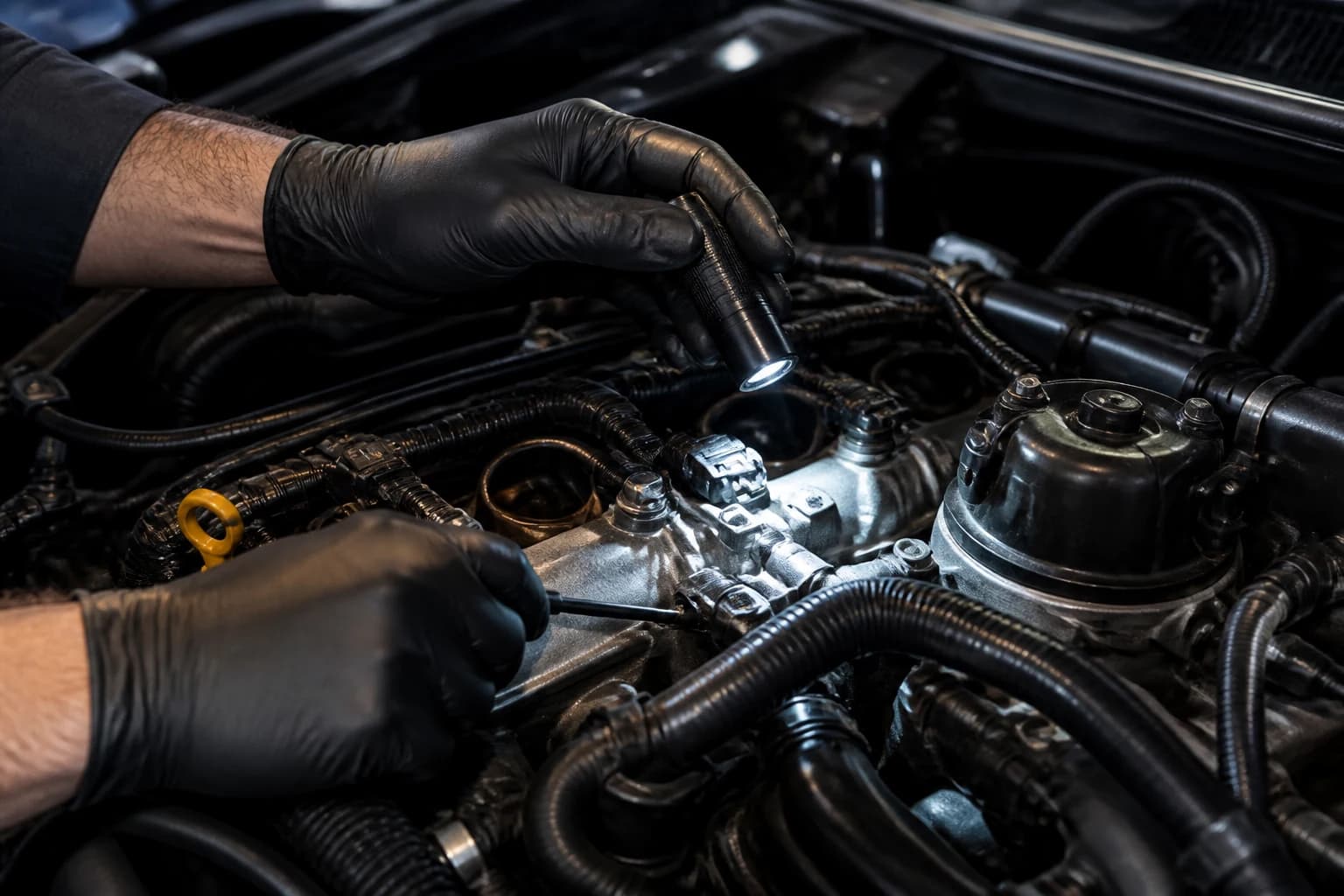 Inspección de motor con linterna